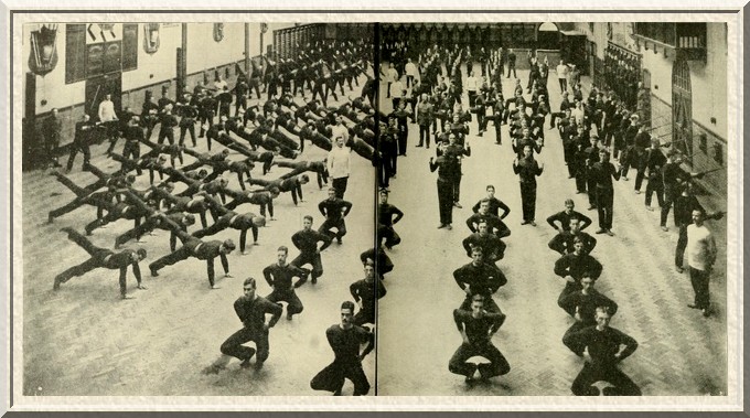 Non-commissioned officers of the new army undergoing training at the
Headquarters' gymnasium, Aldershot.