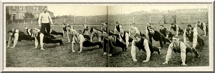 Under competent instructors Kitchener's recruits are taught many
splendid exercises for the strengthening of the muscles.