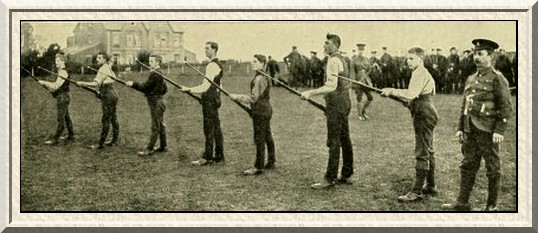 Recruits being taught the first movements of the bayonet exercise.