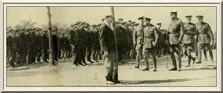 His Majesty the King, accompanied by Lord Kitchener, reviewing
recruits at Aldershot.