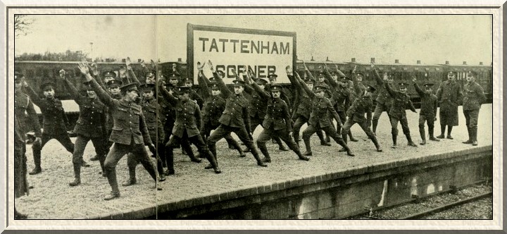 1st Battalion of City of London territorials at Swedish drill on
Tattenham Corner platform.