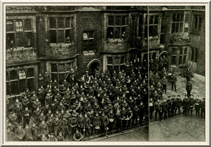 Cambridge has been 'occupied' by Kitchener's Army, and several
colleges are full of soldiers. The photograph shows Trinity College in the
hands of the military.