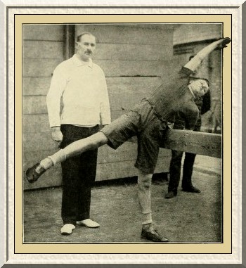 Body bent sideways and leg raised—one of the exercises our
recruits have to perform.