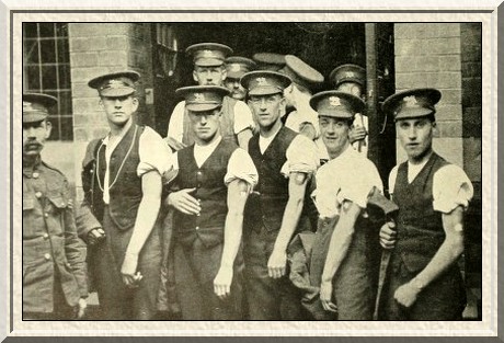 After the doctor's visit—Welsh soldiers who have been
inoculated against typhoid.