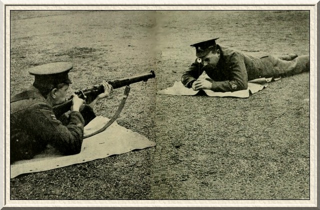 At the School of Musketry, Hythe, teaching snap-shooting or rapidity
of aim by means of the eye-disc held in the instructor's eye.