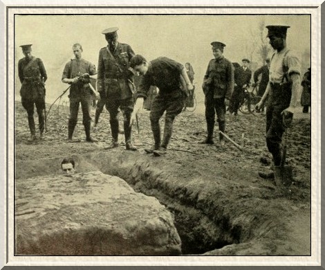 Lieut. Swainston explaining to the Queen's Westminsters the methods
followed in the construction of a traverse dug under his direction at Hampstead
Heath.