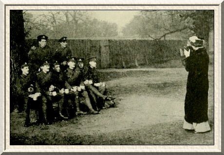 Eyes front! The Queen's Westminsters face the fire of a fair sharp-
shooter.