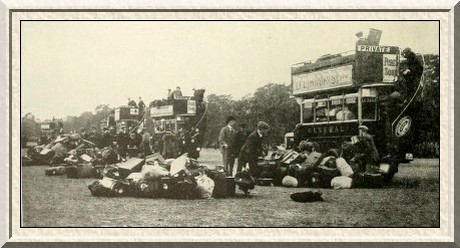 Motor 'buses ready to take the recruits' equipment to camp.