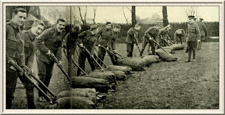 The cavalryman is now instructed in the use of the bayonet. Recruits
are seen learning how to use their novel arm to the best advantage.
