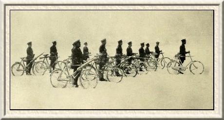 Men of the Cylclist Corps at Epsom parading after a heavy fall of
snow.