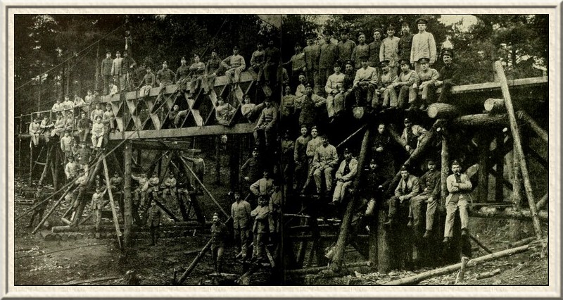 The 63rd Field Company, Royal Engineers, built the trestle bridge
shown above entirely with timber they cut from the woods.