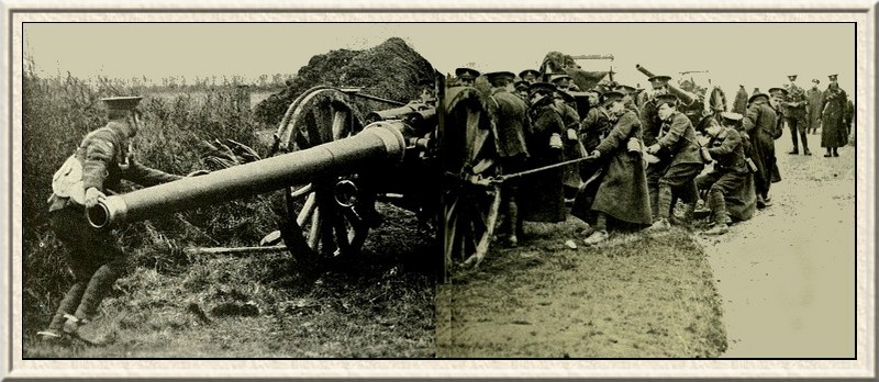 The work of laying the monster pieces of artillery is a strenuous
business.