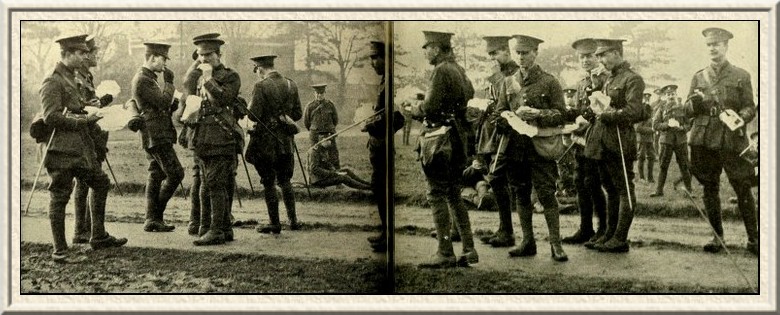 Officers of the Befordshore Regiment snatching a hasty lunch during
an interval on a field-day.