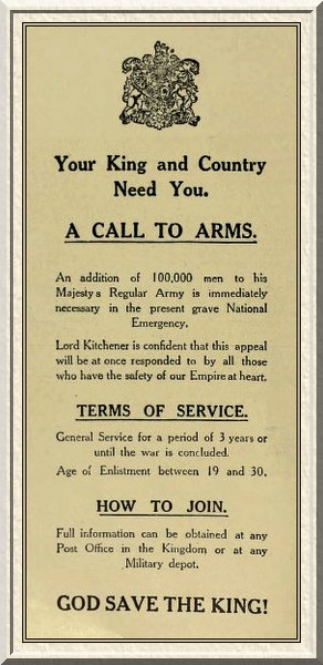 The Start of Lord Kitchener's Army. The first advertisement issued
by the War Office, August 8th, 1914.